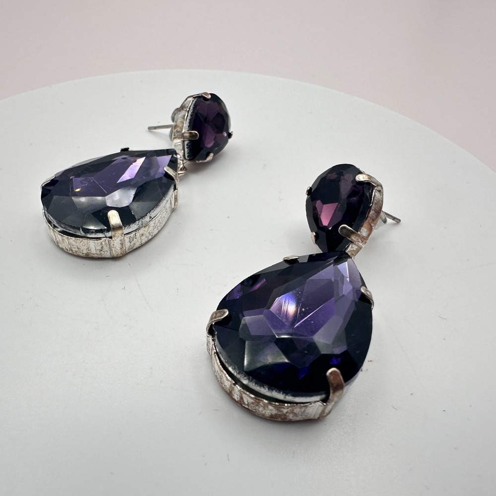 Vintage 90s Silver Tone Purple Teardrop Dangle Earrings - Classic Women's